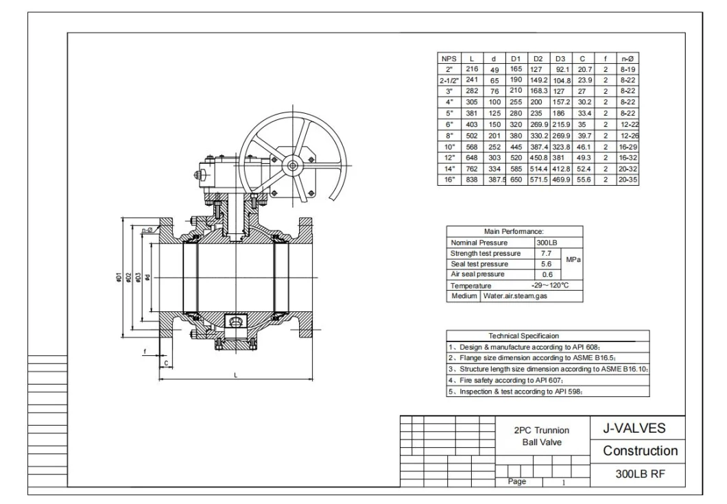 API 6D&API608 Cast Steel, Wcb, Carbon Steel, Stainless Steel CF8, CF8m, A105/F304/F316 2PC Flanged Pipeline Trunnion Mounted Ball Valve with Gear Operation